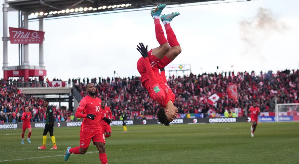 Tajon Buchanan flips after scoring for Canada as they beat Jamaica 4:0 and qualify for the 2022 World Cup.